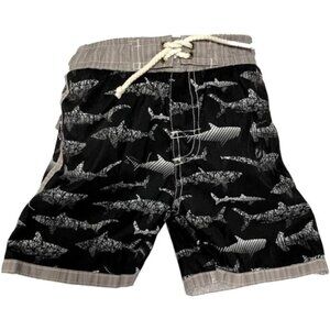 Boys Shark Print Swim Trunks With Drawstring Waist & Back Pocket - 3T